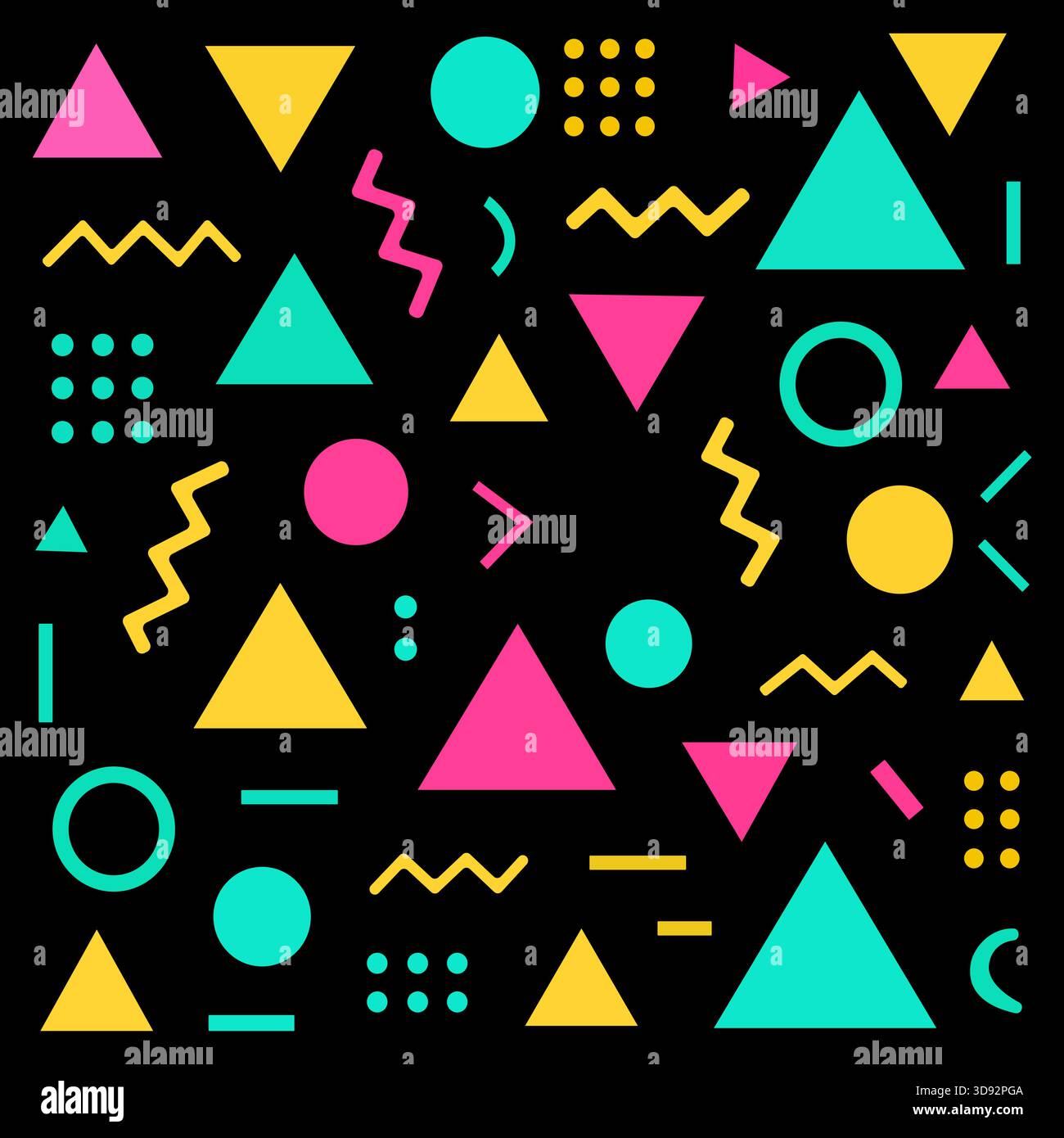 Forme geometriche vibranti su sfondo nero in stile retrò Illustrazione Vettoriale
