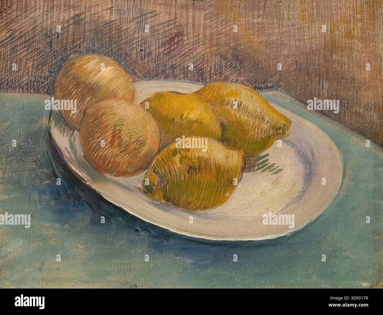 Pittura di Vincent Van Gogh; Van Gogh 'piatto con agrumi' 1887; Van Gogh natura morta dipinto di un piatto di limoni; dipinti di van gogh; pittore olandese post-impressionista, anni '1800, pittura di frutta e cibo del XIX secolo. Foto Stock