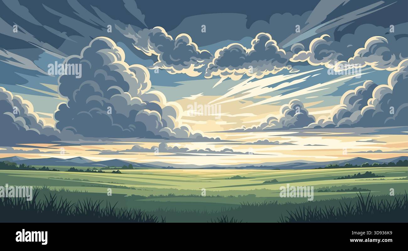 Zenith pastello sulle vette stratificate, Una vista vettoriale minimalista delle maestose montagne viola e dell'acqua luminosa che scorre su Throu Illustrazione Vettoriale