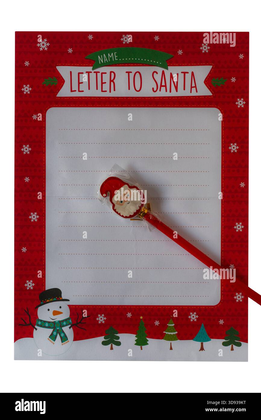 Lettera a Babbo Natale con matita di Babbo Natale, parte della lettera da e verso Babbo Natale ambientata su sfondo bianco Foto Stock