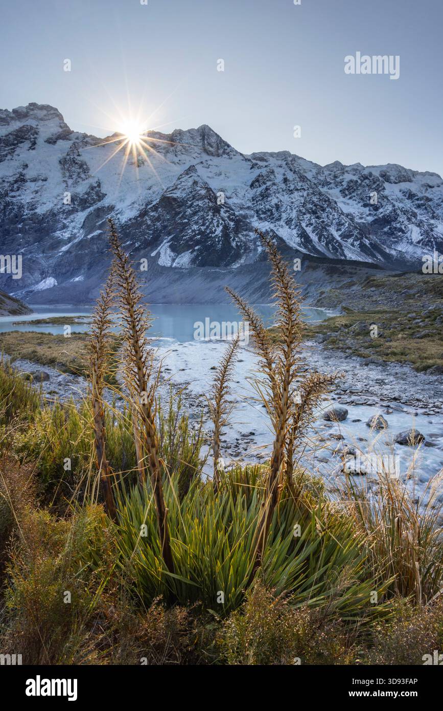 Lago Mueller nel Parco Nazionale di Mount Cook, Isola del Sud, nuova Zelanda. Autunno (maggio) 2025. Foto Stock