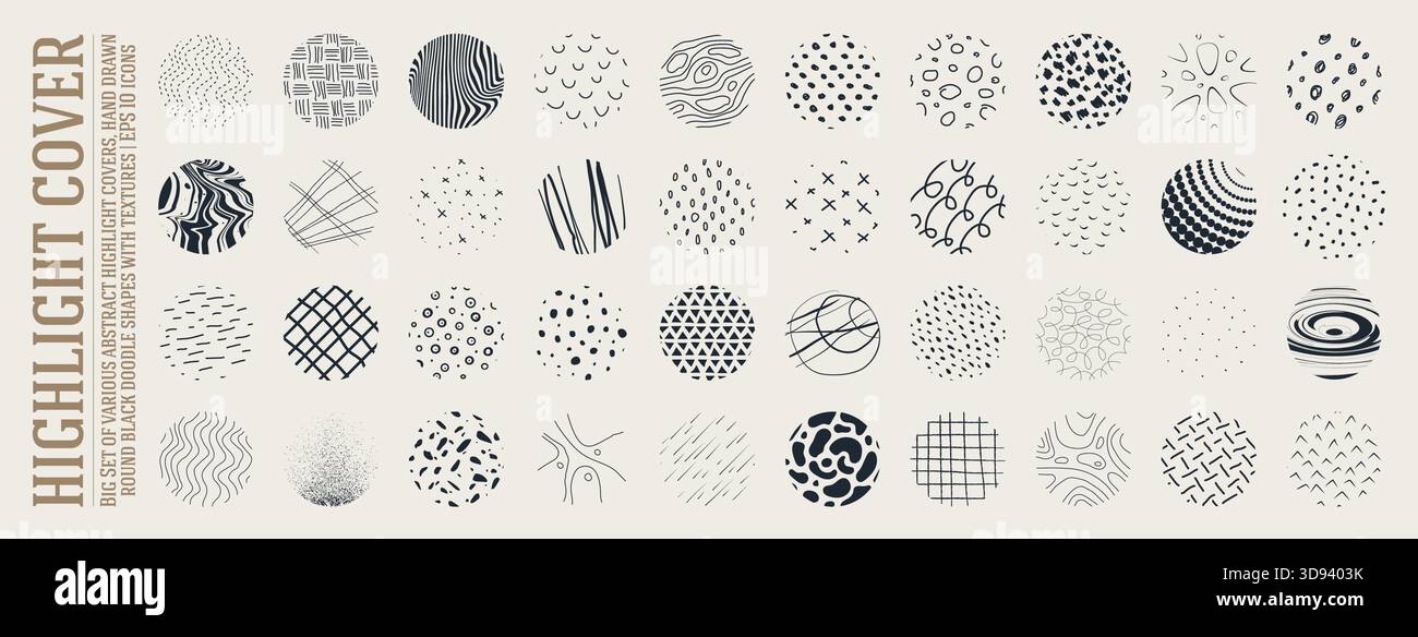 Ampia serie di copertine astratte, forme a doodle nere disegnate a mano con texture, storie di icone per i social media, macchie e. Illustrazione Vettoriale