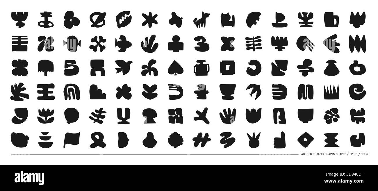 Set di sagome minimalistiche bizzarre geometriche astratte forme e forme insolite in stile matisse art, primitive monocromatiche disegnate a mano, grande vettore Illustrazione Vettoriale