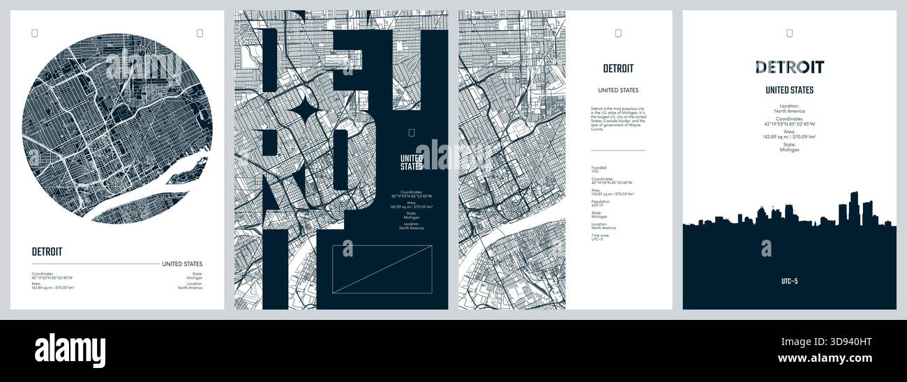 Serie di poster di viaggio con Detroit, mappa dettagliata della città, sagoma dello skyline della città, grafica vettoriale Illustrazione Vettoriale
