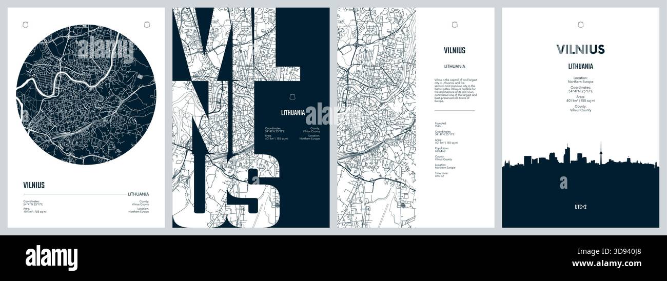 Serie di poster di viaggio con Vilnius, mappa dettagliata della città, sagoma dello skyline della città, grafica vettoriale Illustrazione Vettoriale