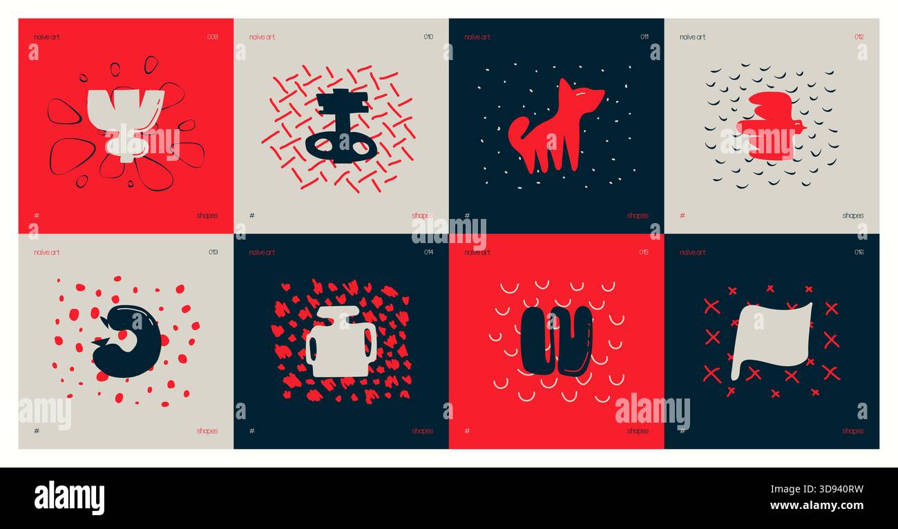 Set di composizioni dalle silhouette minimalistiche bizzarre astratte infantili dalle forme insolite e dalla consistenza in stile artistico matisse, giocano i colori rossi disegnati a mano Illustrazione Vettoriale