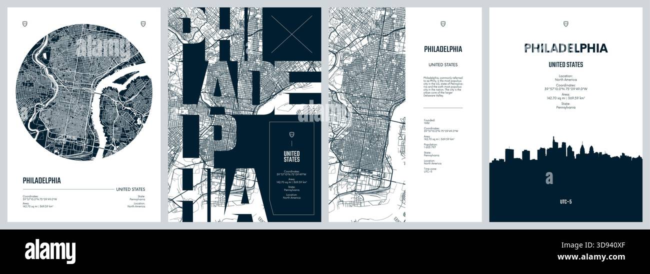 Serie di poster di viaggio con Philadelphia, mappa dettagliata della città, sagoma dello skyline della città, grafica vettoriale Illustrazione Vettoriale