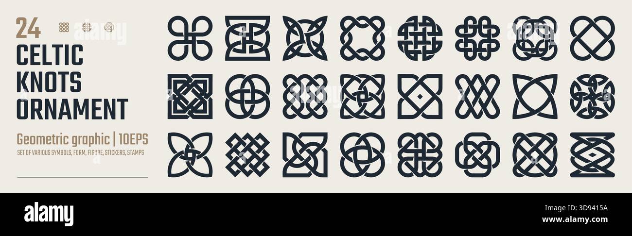 Set di contorni celtici ornamenti di nodi, vettoriale di forma del tatuaggio medievale vichingo, motivo di tessitura infinita, collezione di forme diverse, risorse di adesivi, abst Illustrazione Vettoriale
