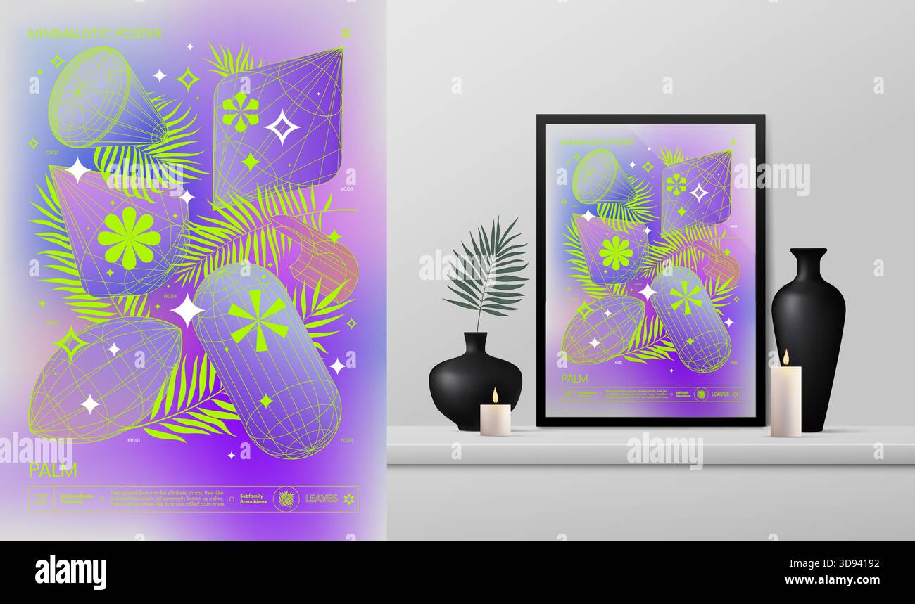 Poster rave minimalista con gradiente vettoriale con strane wireframe grafica di forme geometriche design Y2K ispirato al brutalismo e al mockup nell'interno Illustrazione Vettoriale