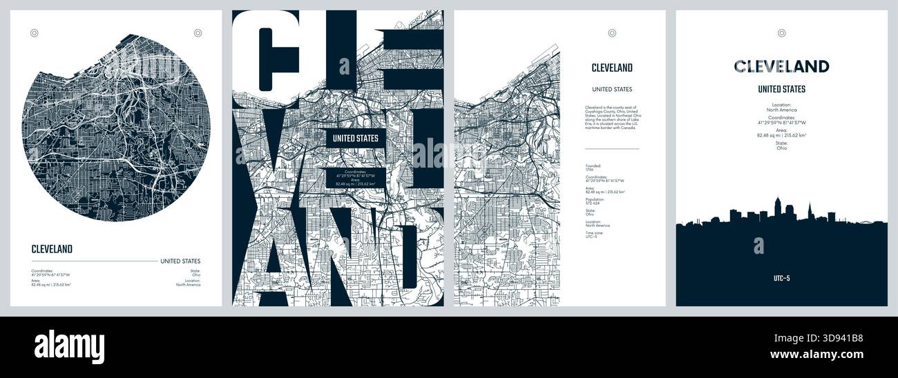 Serie di poster di viaggio con Cleveland, mappa dettagliata della città, sagoma dello skyline della città, grafica vettoriale Illustrazione Vettoriale