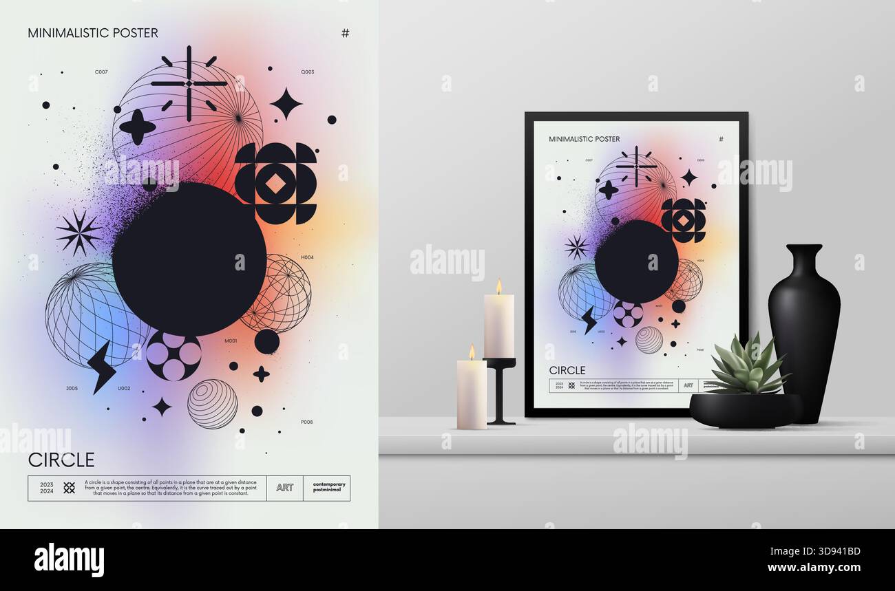 Poster rave minimalista con gradiente vettoriale con strani wireframe risorse grafiche forme geometriche design Y2K brutalismo e mockup negli interni, 3d. Illustrazione Vettoriale