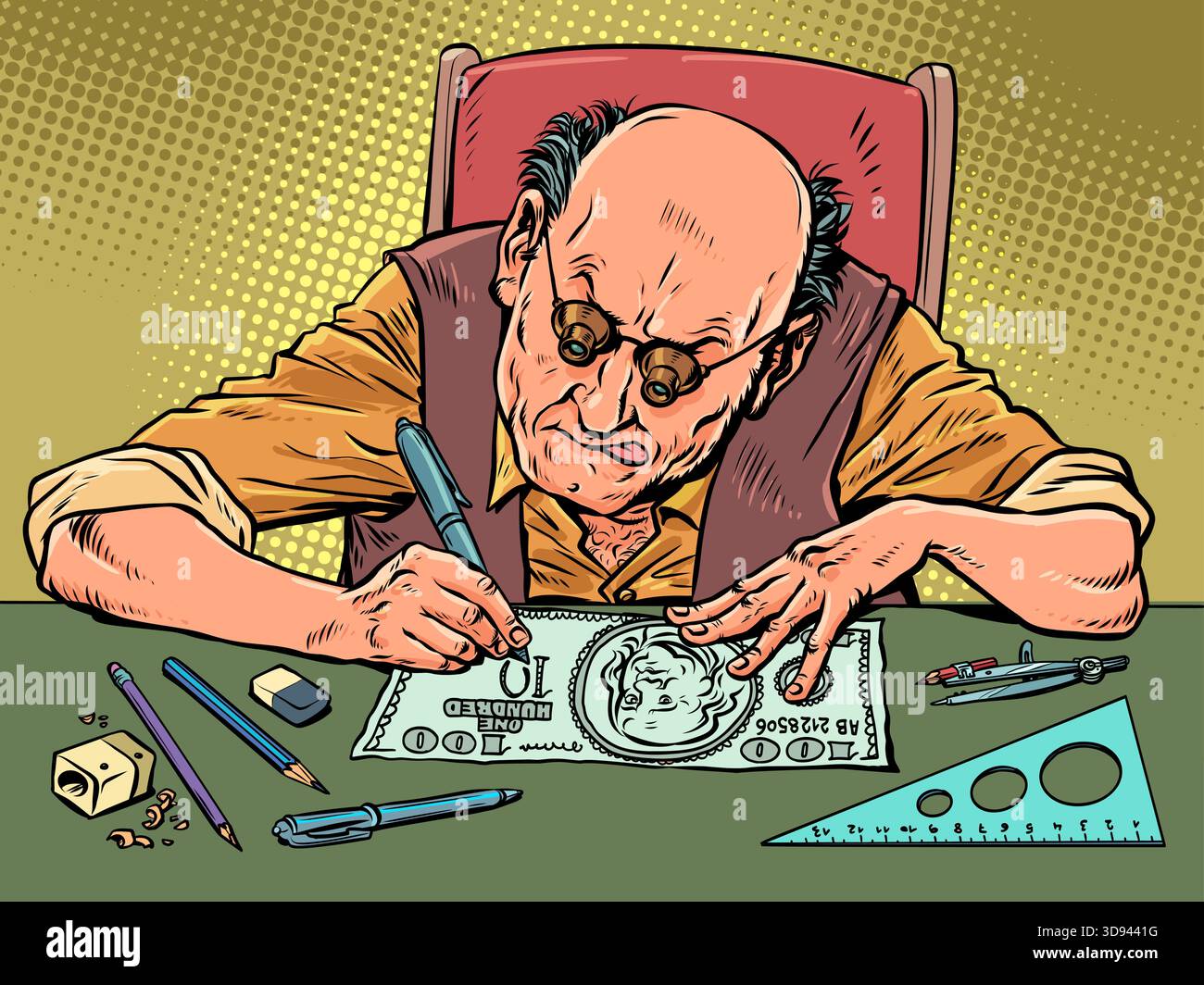 Un uomo disegna una banconota da un dollaro. Malvagi truffatori. Sicurezza del sistema bancario. Fumetto cartoon pop art illustrazione vettoriale retrò disegno a mano Illustrazione Vettoriale