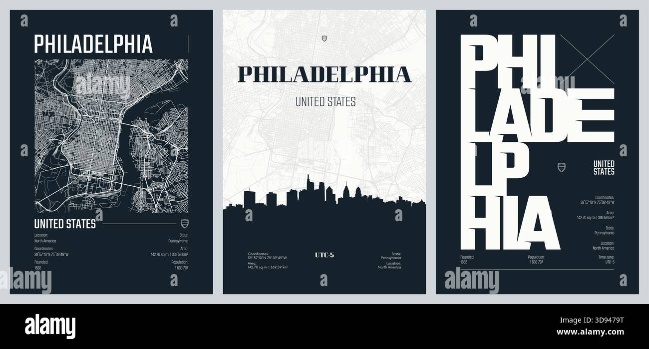 Set di poster di viaggio con Philadelphia, mappa dettagliata della città, skyline della città, grafica vettoriale, set 2 Illustrazione Vettoriale