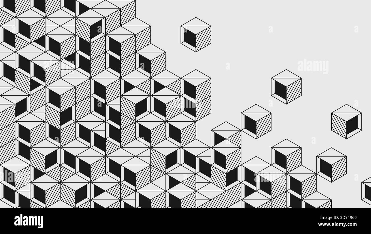 Puzzle a cubo isometrico 3D, composizione moderna astratta in stile brutalismo, ornamento geometrico postmoderno con forme semplici in bianco e nero, b cubico Illustrazione Vettoriale