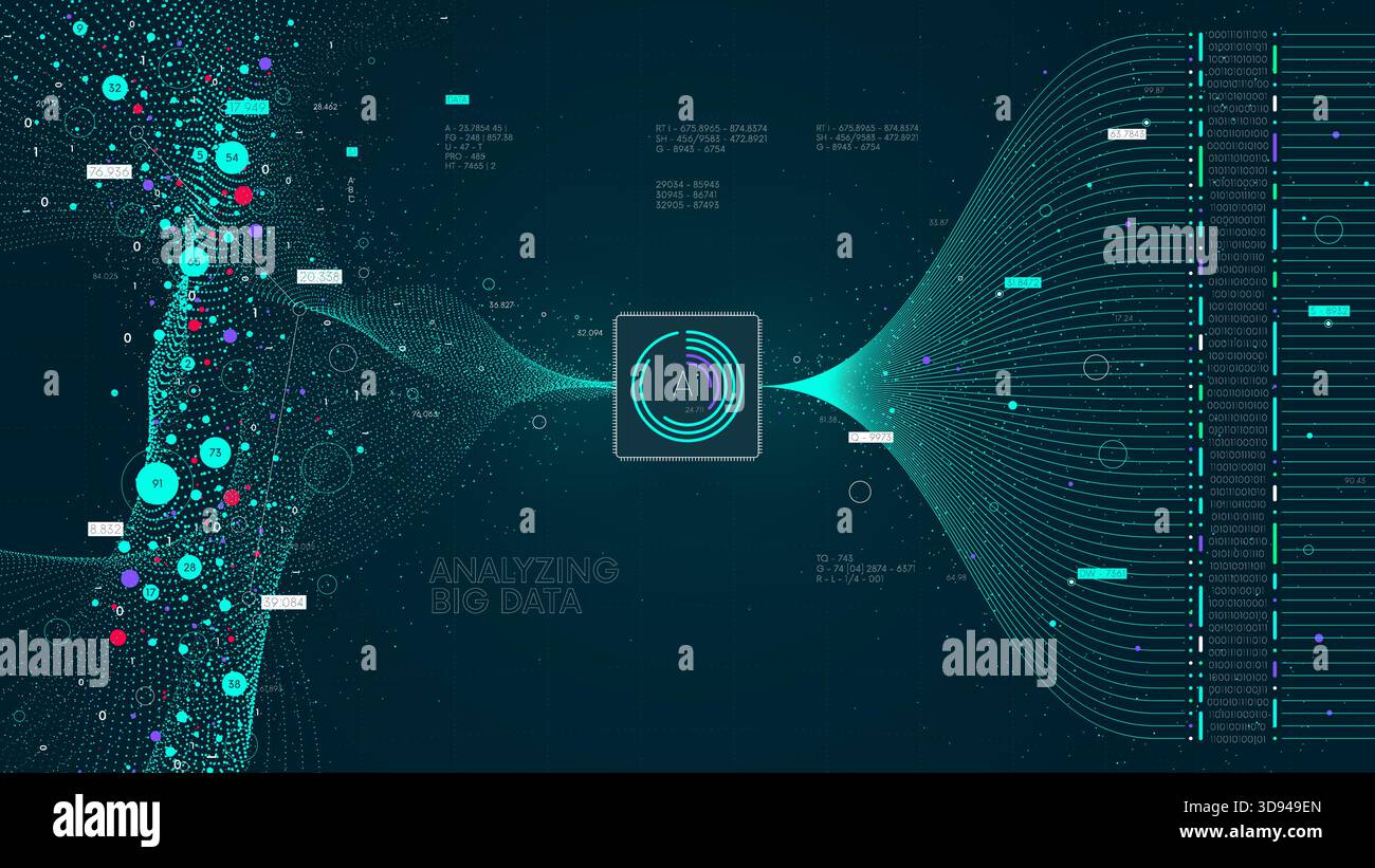 Visualizzazione di big data ordinamento e analisi del flusso di informazioni, elaborazione di database tramite algoritmi informatici e intelligenza artificiale, binario virtuale Illustrazione Vettoriale