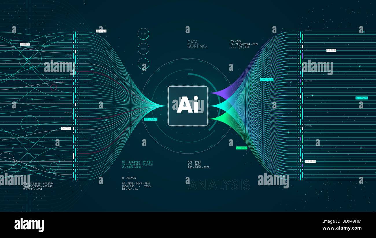 Tecnologia dei big data e analisi della rete, tecnologia dell'algoritmo di apprendimento automatico di deep learning per l'intelligenza artificiale, visualizzazione vettoriale in Illustrazione Vettoriale