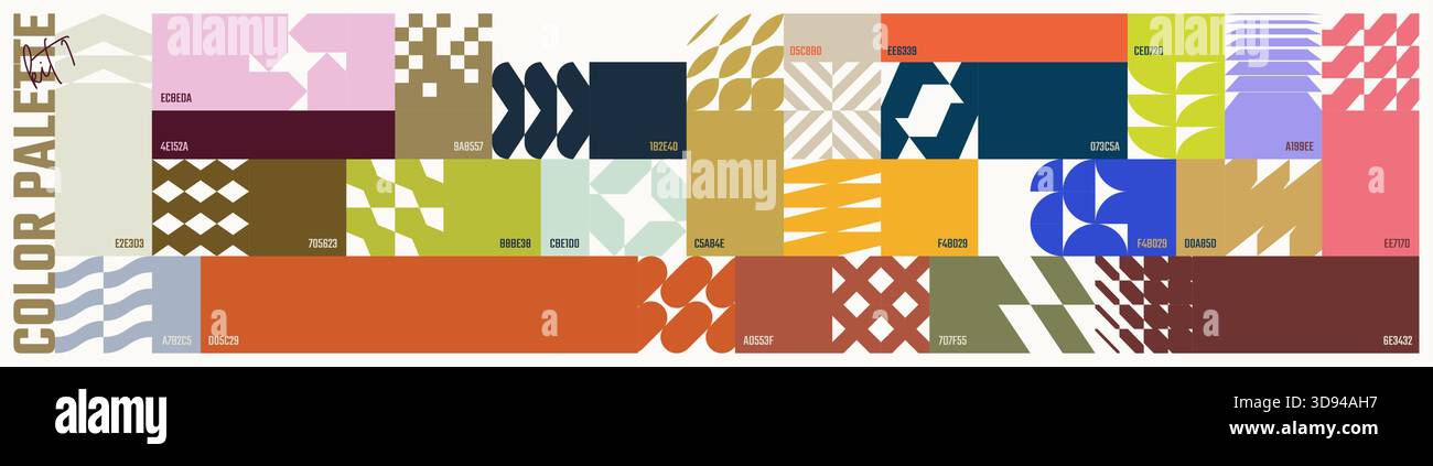 Set di colori, colori combinati alla moda con codici ESADECIMALI, banner vettoriale con ornamenti colorati di forme geometriche astratte in stile brutale Illustrazione Vettoriale