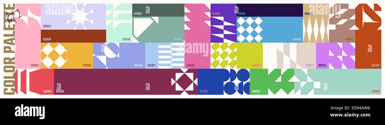 Set di colori, colori combinati alla moda con codici ESADECIMALI, banner vettoriale con ornamenti colorati di forme geometriche astratte in stile brutale Illustrazione Vettoriale
