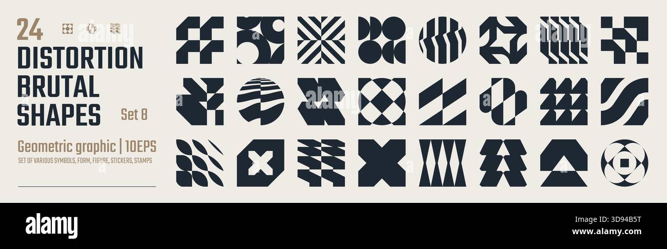 Elementi grafici geometrici astratti postmoderni, effetto vetro di rifrazione e distorsione di varie forme, forme vettoriali brutaliste, design retrò alla moda Illustrazione Vettoriale