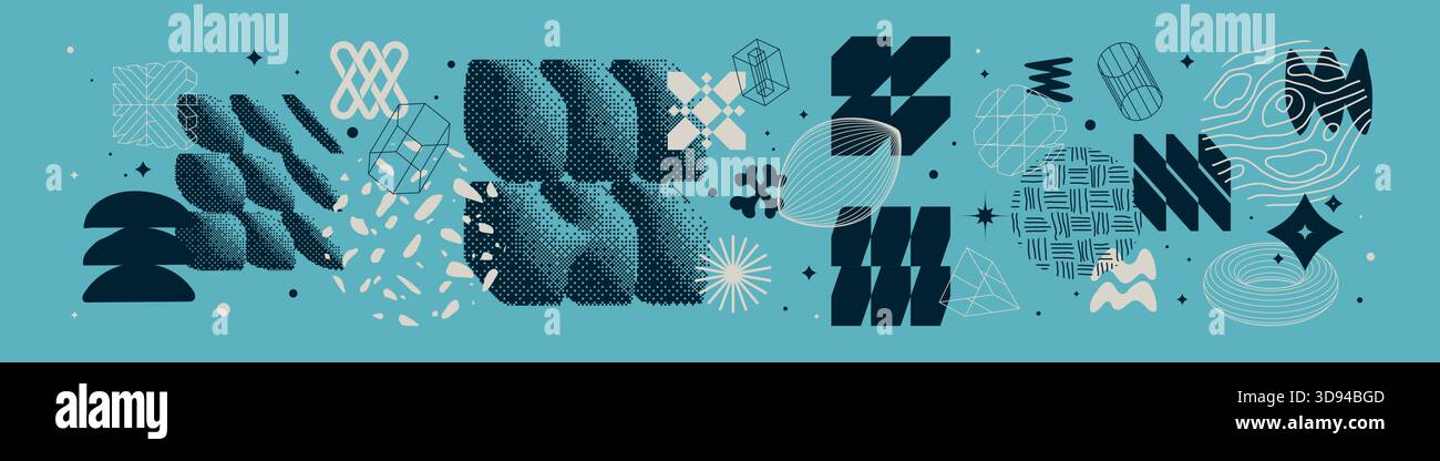 Collezione universale di forme geometriche brillanti e audaci, elementi astratti minimalisti bizzarri e brutali, elementi grafici estetici Vector y2k Illustrazione Vettoriale