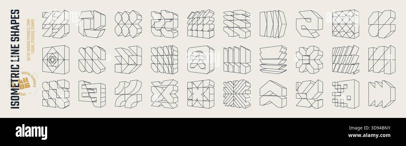 Linee isometriche brutali forme 3D, elementi grafici astratti post-moderni, carcassa volumetrica Brutalism di varie forme, design cyber alla moda Illustrazione Vettoriale