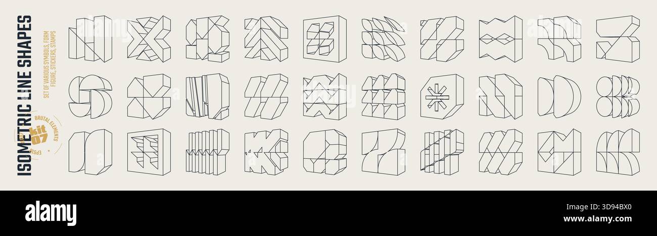 Linee isometriche brutali forme 3D, elementi grafici astratti post-moderni, carcassa volumetrica Brutalism di varie forme, design cyber alla moda Illustrazione Vettoriale