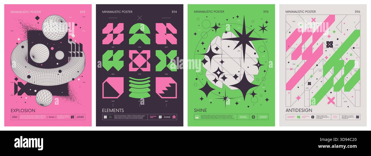 Futuristici elementi a reticolo grafico astratto di forme geometriche composizione rave, poster minimalistici vettoriali in stile brutalismo con poster silhouette Illustrazione Vettoriale