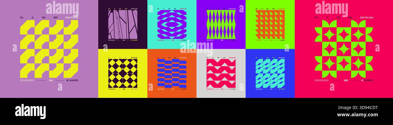 Kit di composizioni geometriche postmoderne con forme astratte nell'estetica brutale, mosaico di figure brutali, elemento futuristico retrò dai colori alla moda Illustrazione Vettoriale