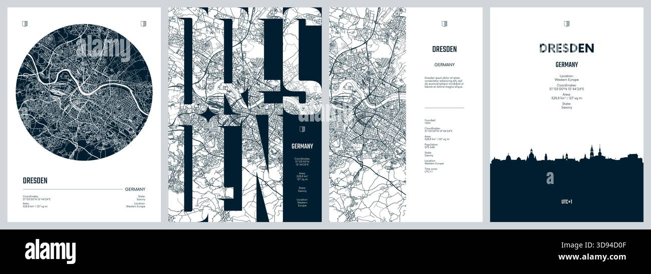 Serie di poster di viaggio con Dresda, mappa dettagliata della città, sagoma dello skyline della città, grafica vettoriale Illustrazione Vettoriale