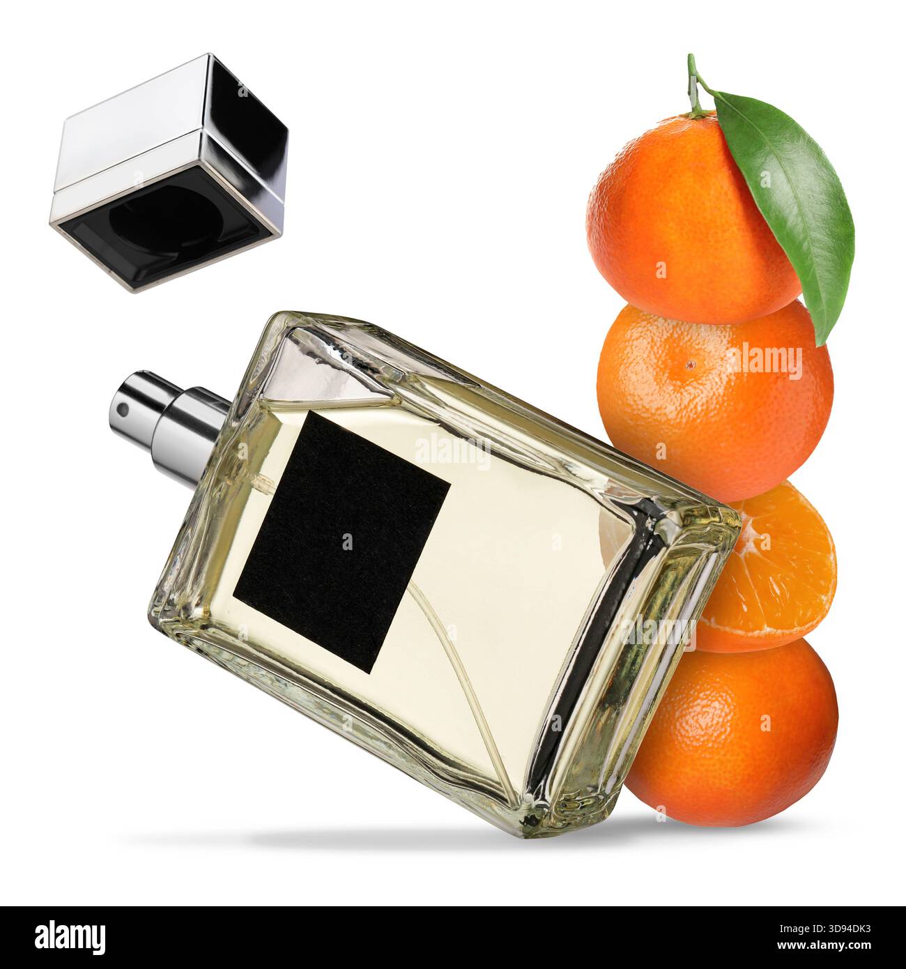 Profumo di agrumi e mandarini freschi isolati su bianco Foto Stock