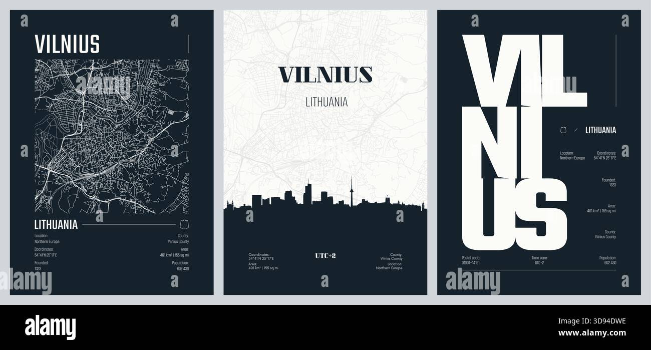 Serie di poster di viaggio con Vilnius, mappa dettagliata della città, sagoma dello skyline della città, grafica vettoriale, set 2 Illustrazione Vettoriale