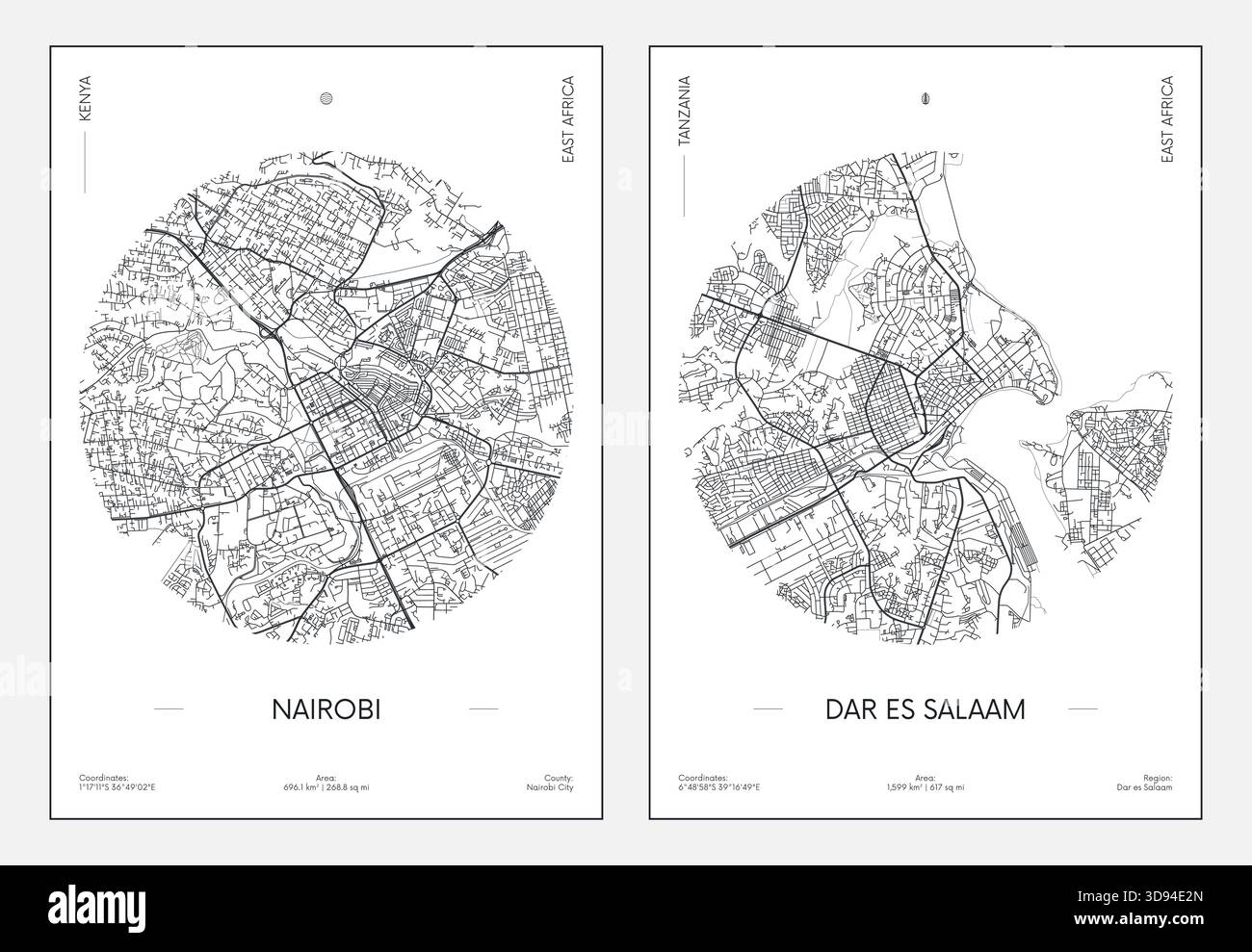 Poster di viaggio, mappa urbana della città di Nairobi e Dar es Salaam, illustrazione vettoriale Illustrazione Vettoriale