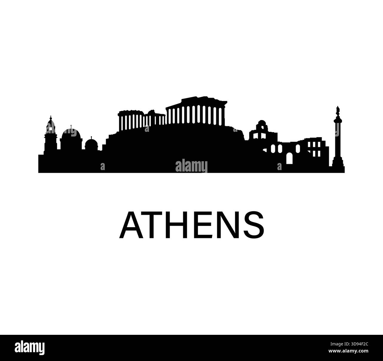 Profilo dello skyline di Atene. Acropoli e antiche rovine. Semplice paesaggio urbano nero per viaggi, storia, infografica, design. Illustrazione Vettoriale