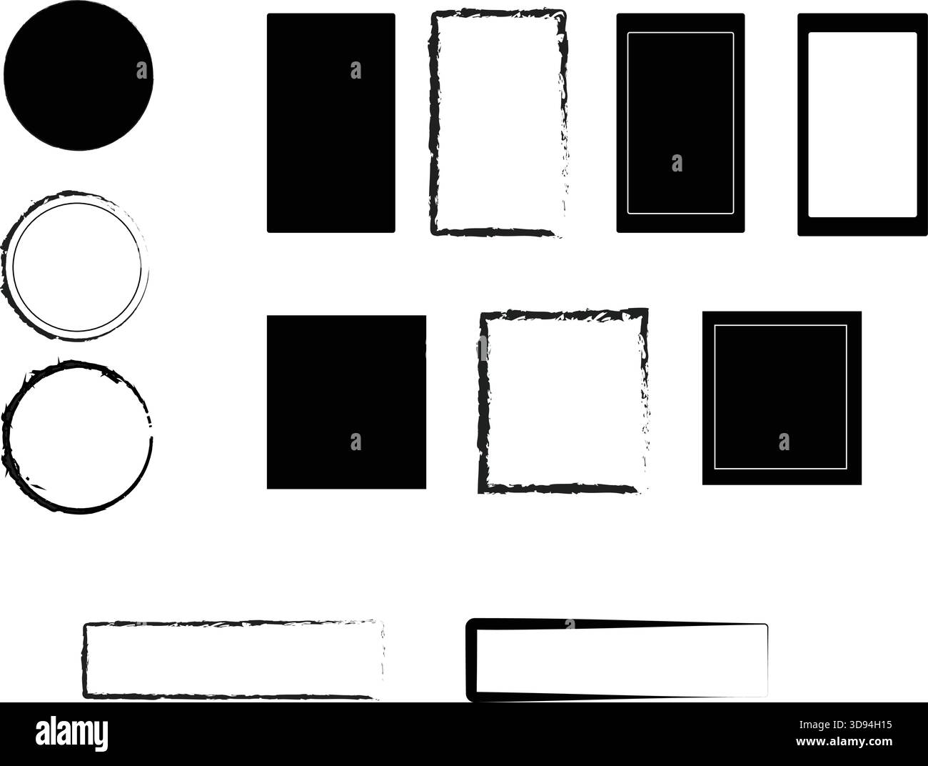 Set di cornici e forme grunge: Cerchi in distrosso, quadrati, bordi rettangolari ed elementi con etichette vuote per la progettazione grafica e grafica a trama fatta a mano Illustrazione Vettoriale