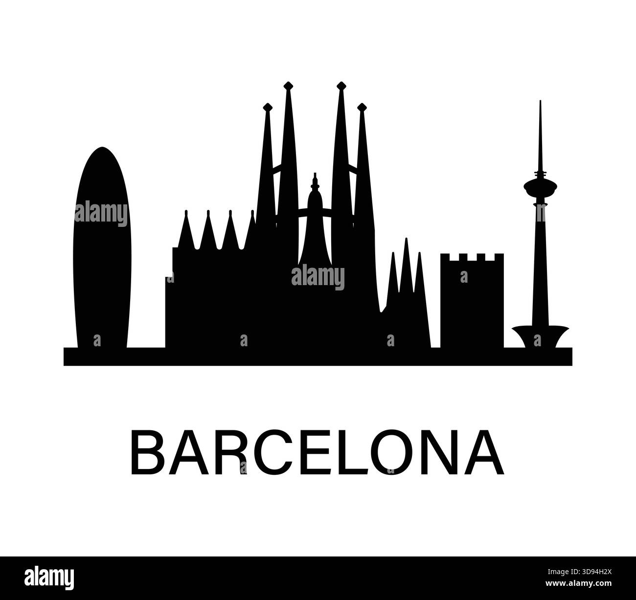 Silhouette dello skyline di Barcellona. Sagrada Familia e monumenti moderni. Semplice paesaggio urbano nero per viaggi, infografica, design. Illustrazione Vettoriale