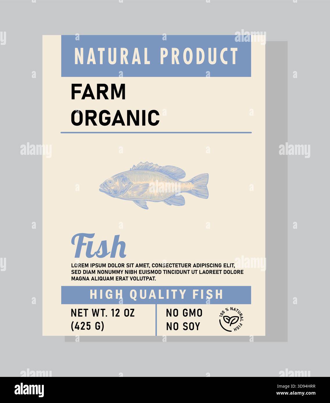 Etichetta di pesce fresco con pesce abbozzato a mano, sfumature blu morbide e consistenze organiche pulite. Ispirato al pesce sostenibile e alla semplicità costiera. Illustrazione Vettoriale