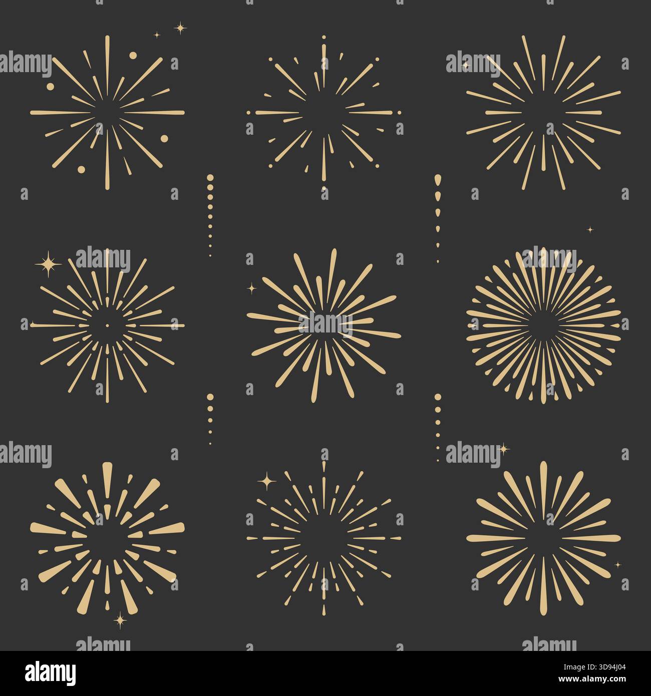 Fuochi d'artificio dorati dai toni terrosi su un cielo notturno calmo. Fuochi d'artificio per feste di Natale, striscioni, poster o inviti per festeggiare le feste. Illustrazione Vettoriale