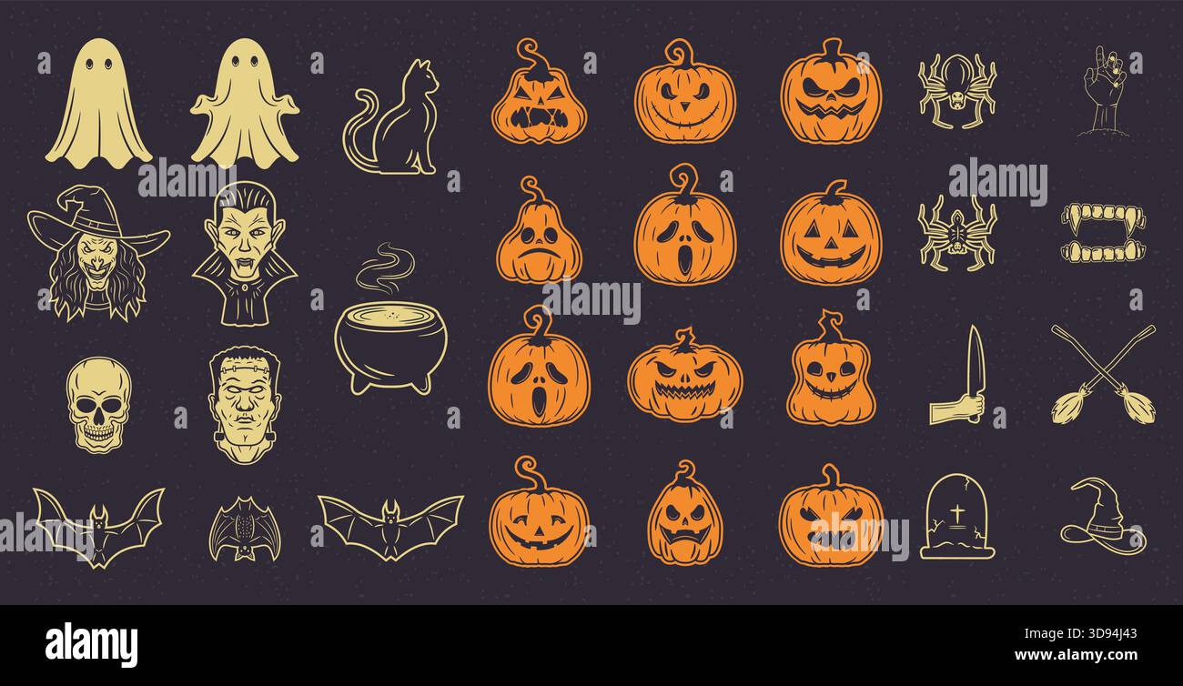 Collezione di 31 elementi vintage di Halloween, tra cui simboli spettrali e personaggi perfetti per poster e striscioni Illustrazione Vettoriale