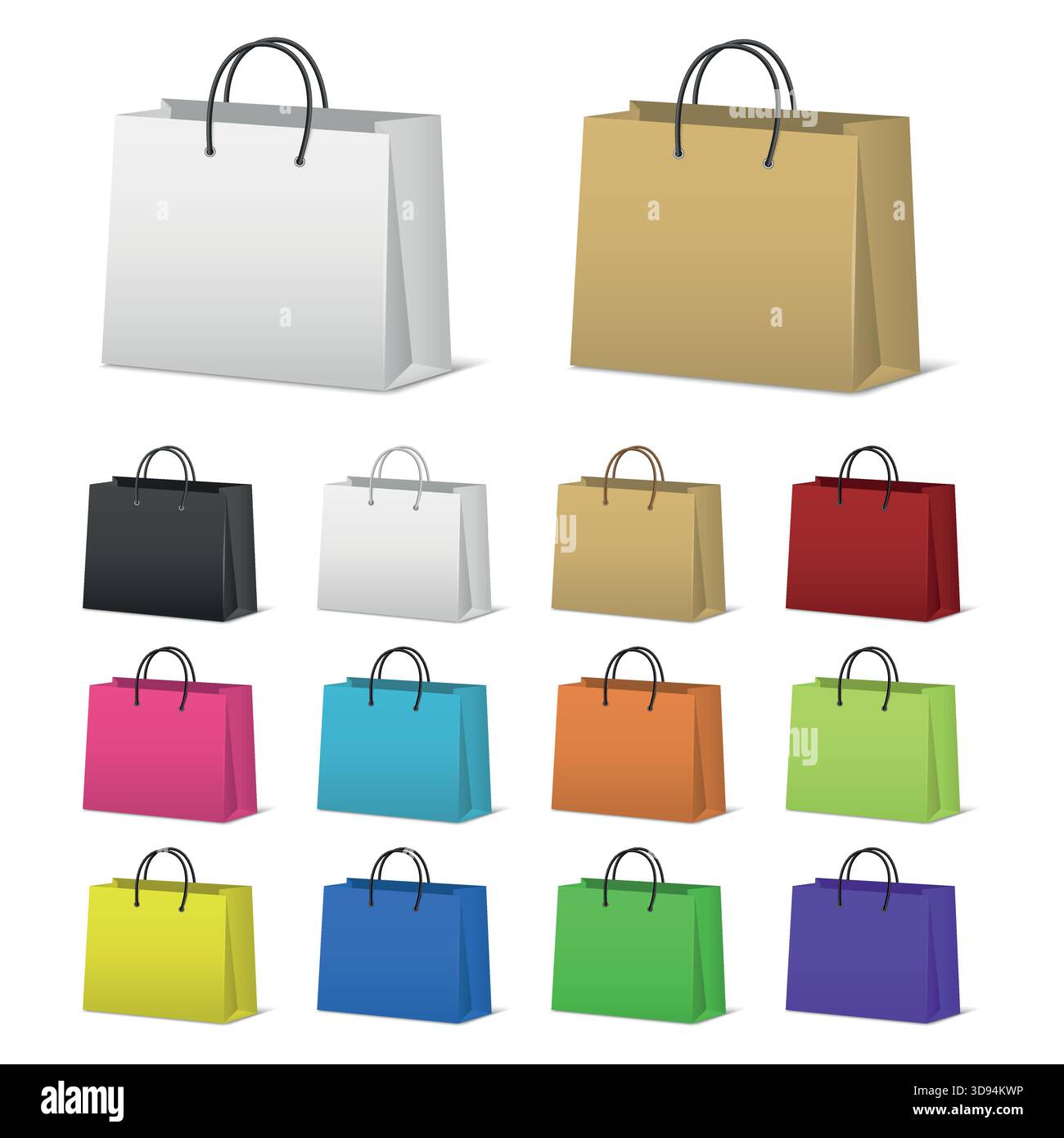 Set shopping bag a colori. Collezione di sacchetti per la spesa in carta colorata, icone vuote in colori diversi. Borse per acquisti vettoriali 3D. Illustrazione Vettoriale