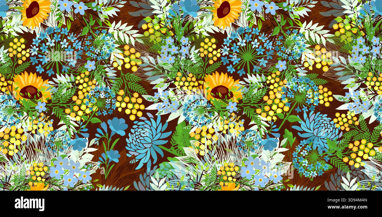 Ricco motivo floreale senza cuciture con girasoli e altri fiori. Disegnato a mano. Non ai, illustrazione vettoriale. Illustrazione Vettoriale