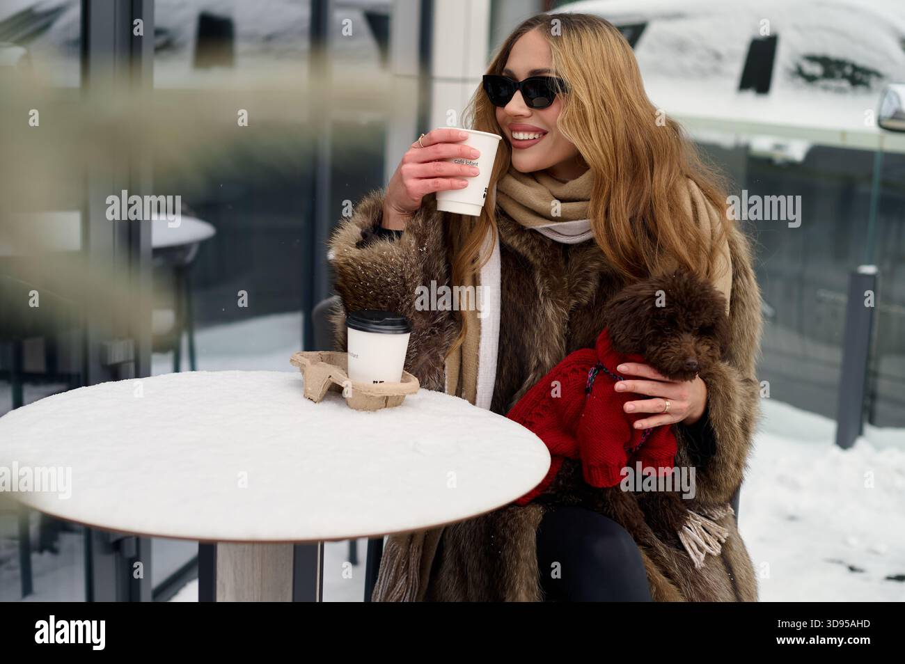 Giovane donna alla moda che indossa un cappotto di pelliccia, una sciarpa e occhiali da sole, gustando un caffè da asporto in una caffetteria all'aperto innevata mentre tiene in mano un adorabile cucciolo marrone Foto Stock