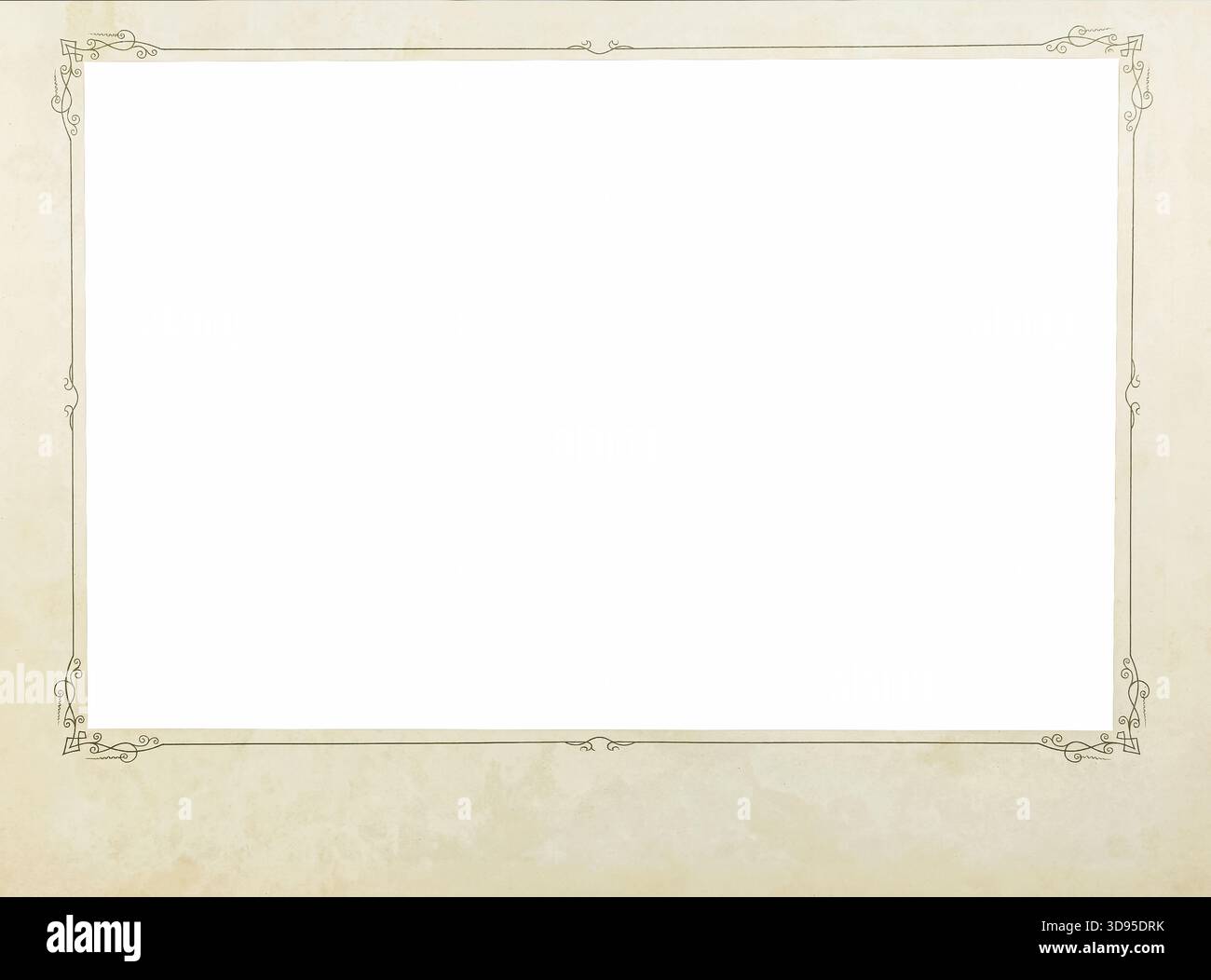 Modello Vintage vuoto con bordi decorativi decorativi, sfondo beige chiaro e ampio centro bianco per i contenuti Foto Stock