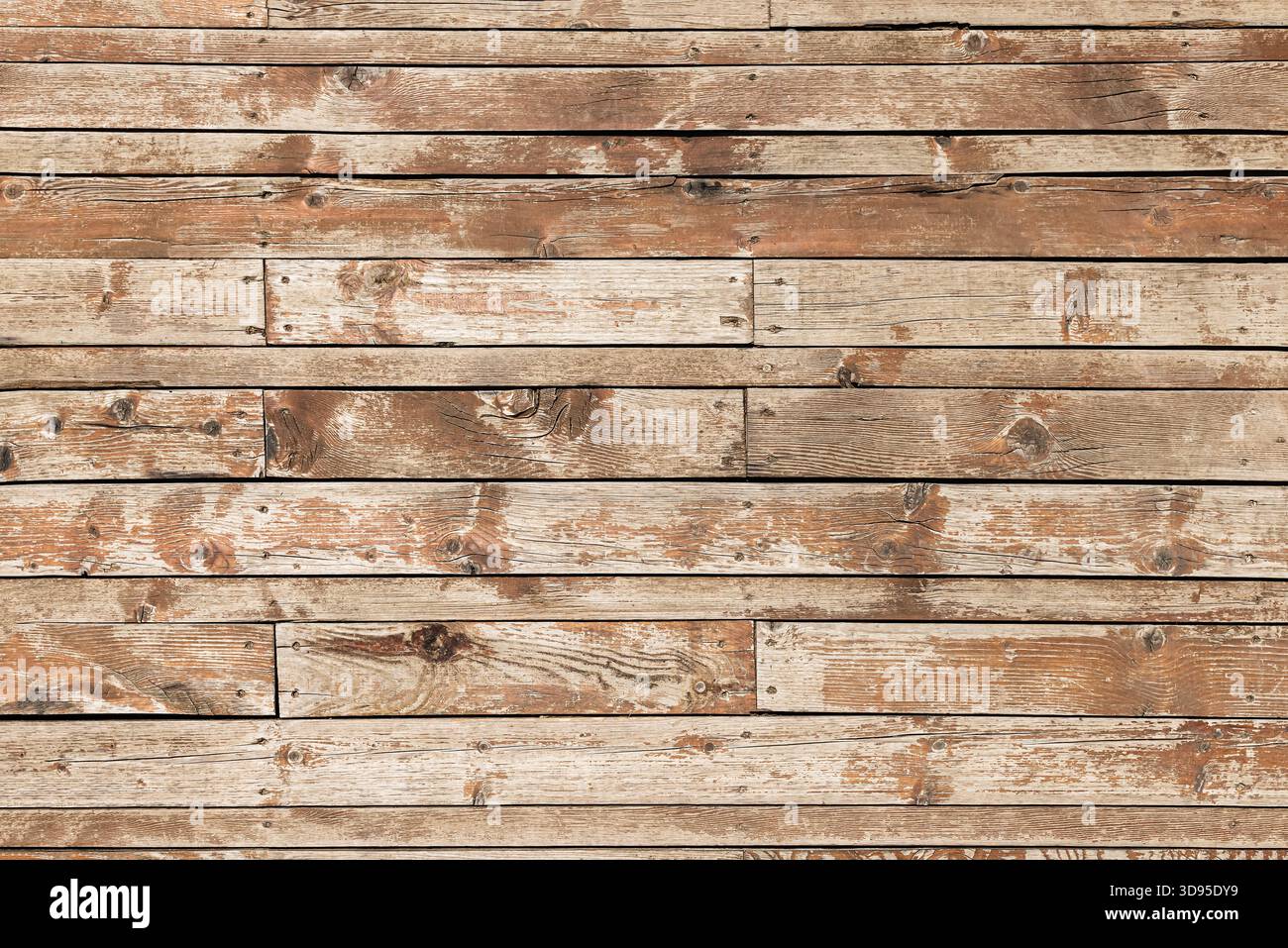 Primo piano di tavole di legno intemprate che mostrano grana ricca, nodi, chiodi incorporati e consistenza rustica naturale con variazioni di età Foto Stock