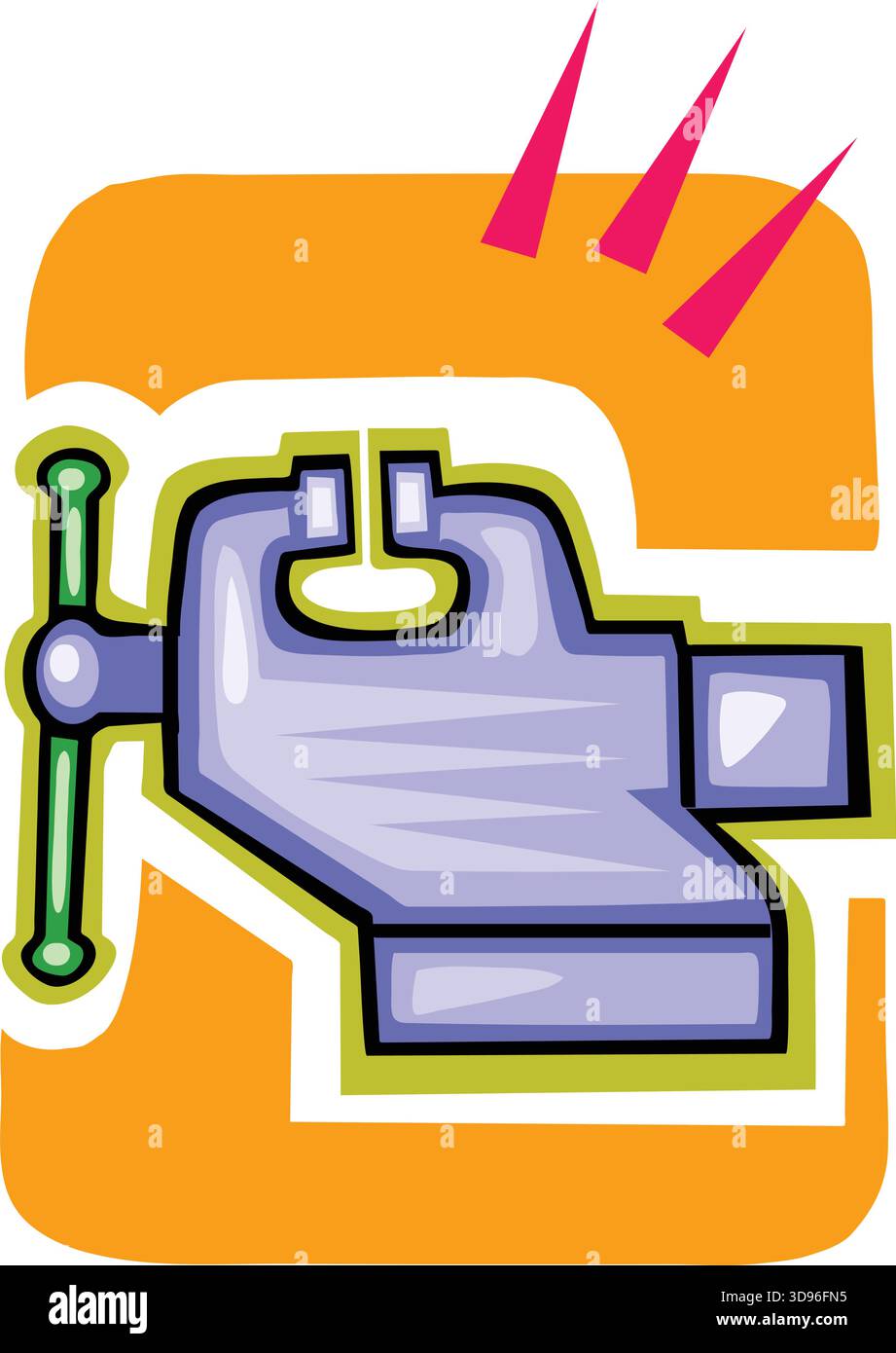 Illustrazione di una morsa blu con impugnatura verde, su sfondo arancione in stile cartone animato Illustrazione Vettoriale