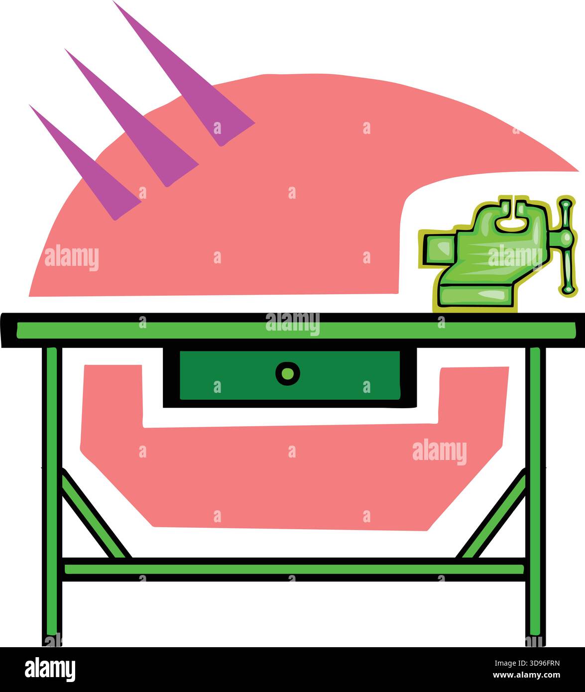 Un'illustrazione di un banco da lavoro verde con un cassetto e una morsa sulla parte superiore, appoggiato su uno sfondo rosa in stile cartone animato Illustrazione Vettoriale