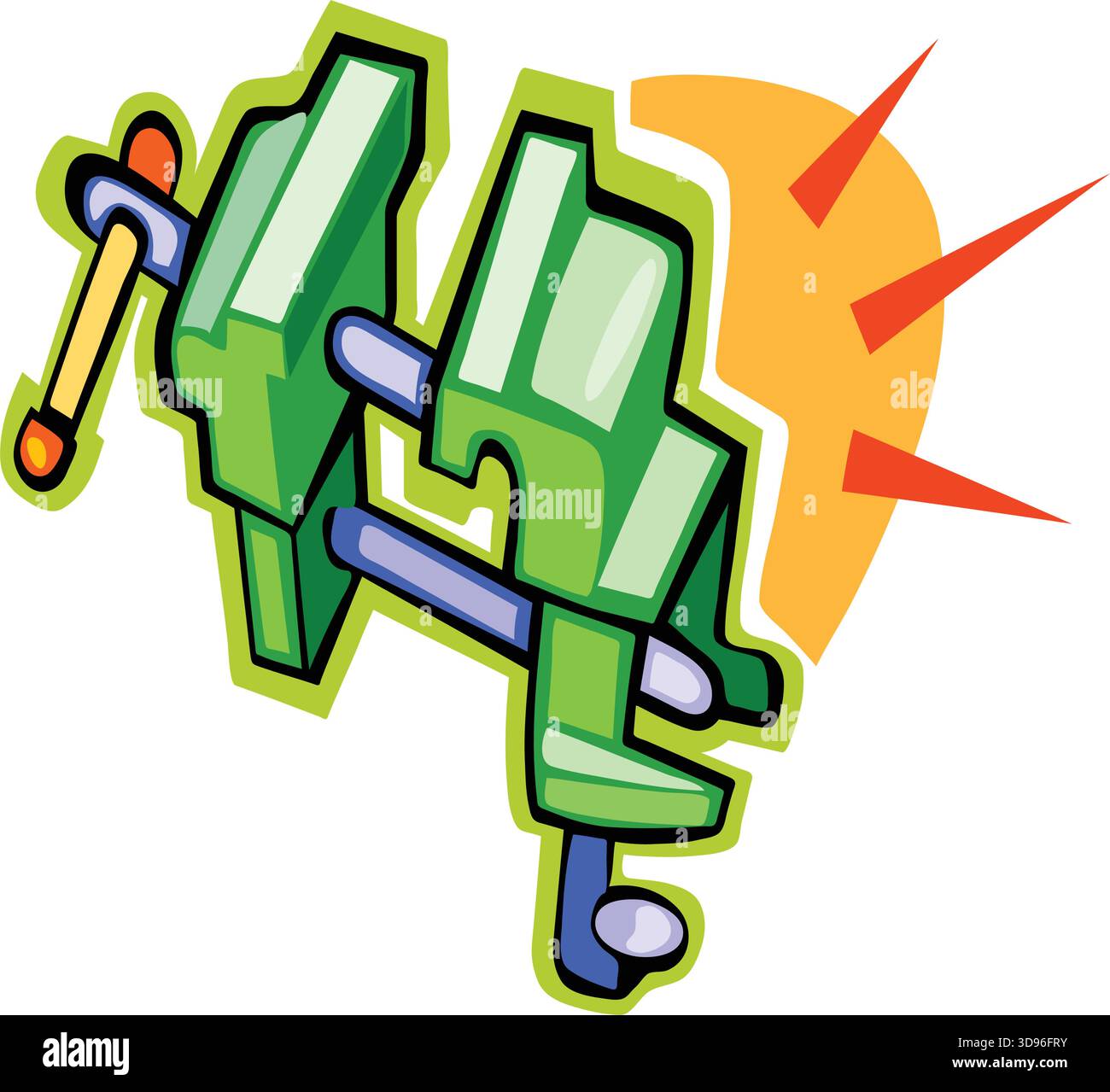 Illustrazione di una morsa blu con impugnatura verde, su sfondo arancione in stile cartone animato Illustrazione Vettoriale