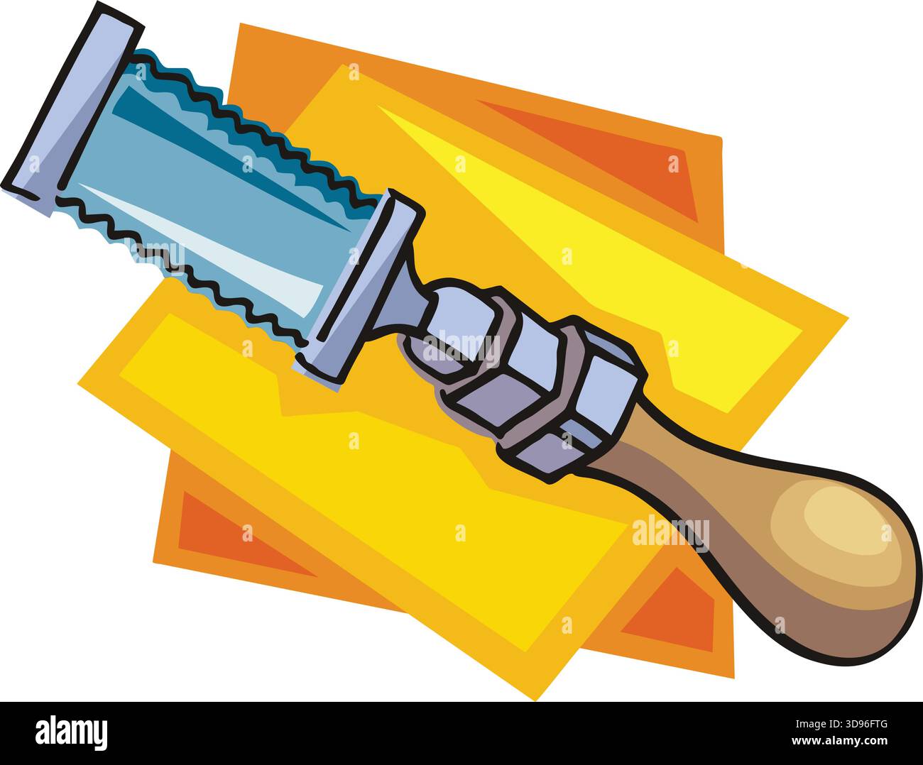 Illustrazione di una sega a filo con lama blu e manico marrone in stile cartone animato Illustrazione Vettoriale