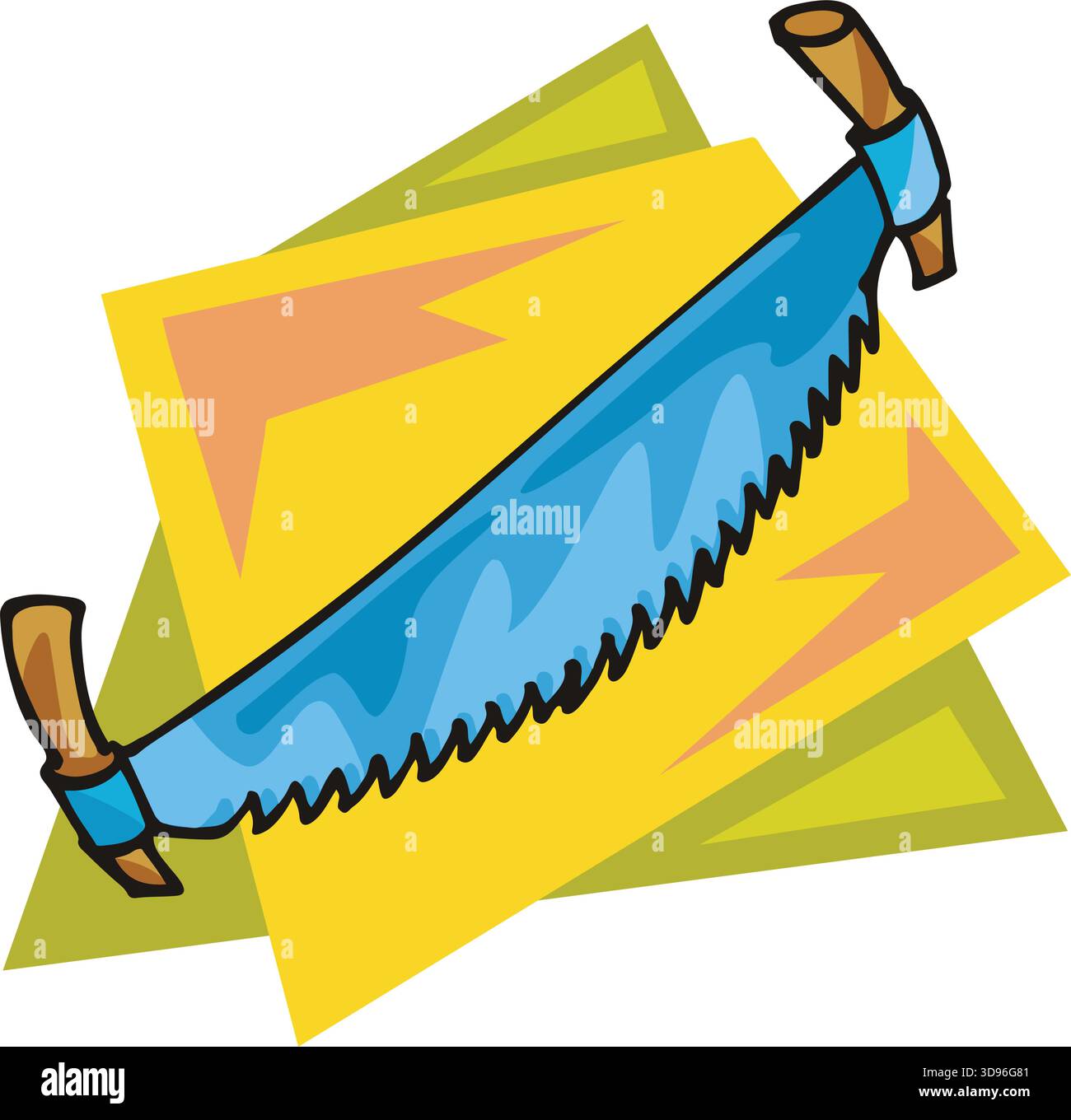 Illustrazione di una sega a due manici con lama blu e manici marroni in stile cartone animato Illustrazione Vettoriale