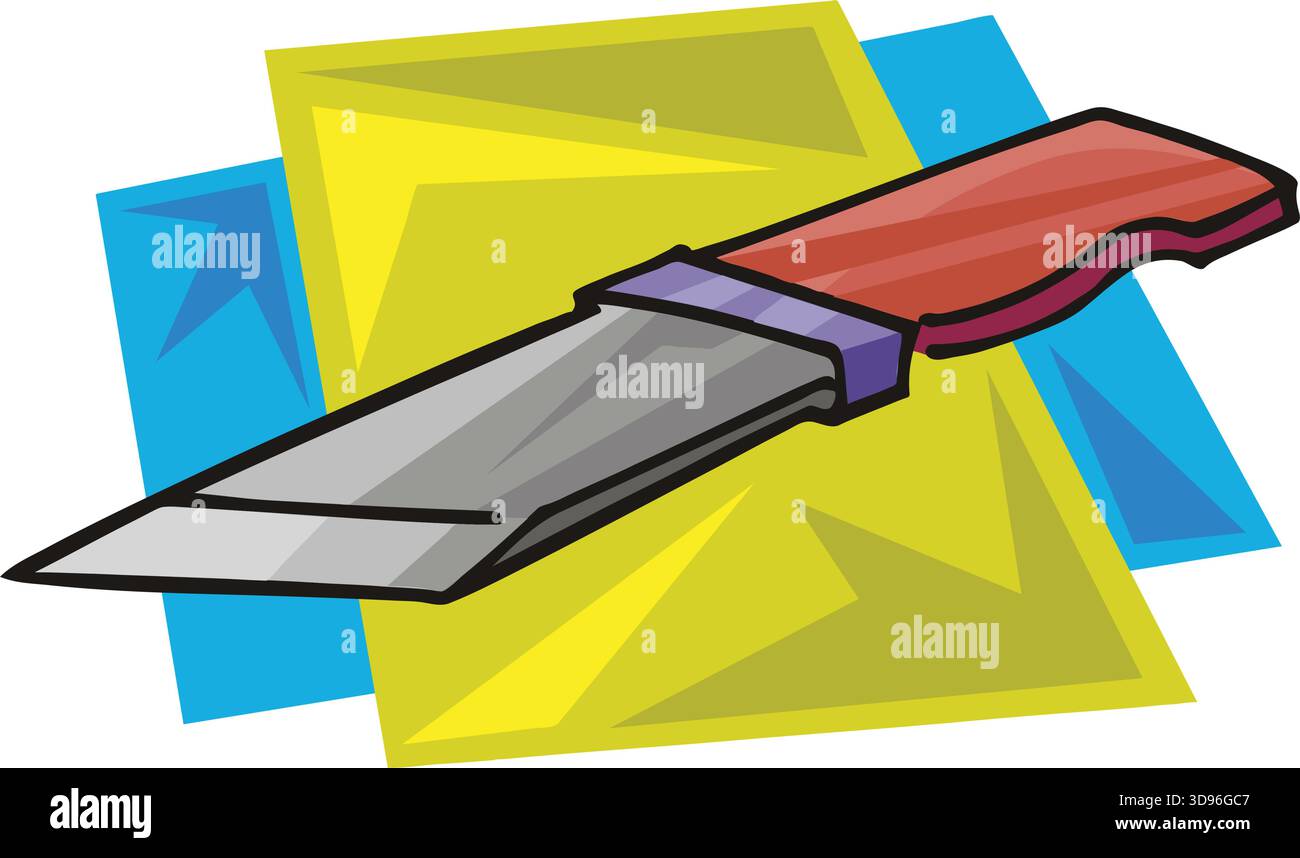 Illustrazione di un coltello multiuso con lama grigia, ghiera viola e manico rosso in stile cartone animato Illustrazione Vettoriale