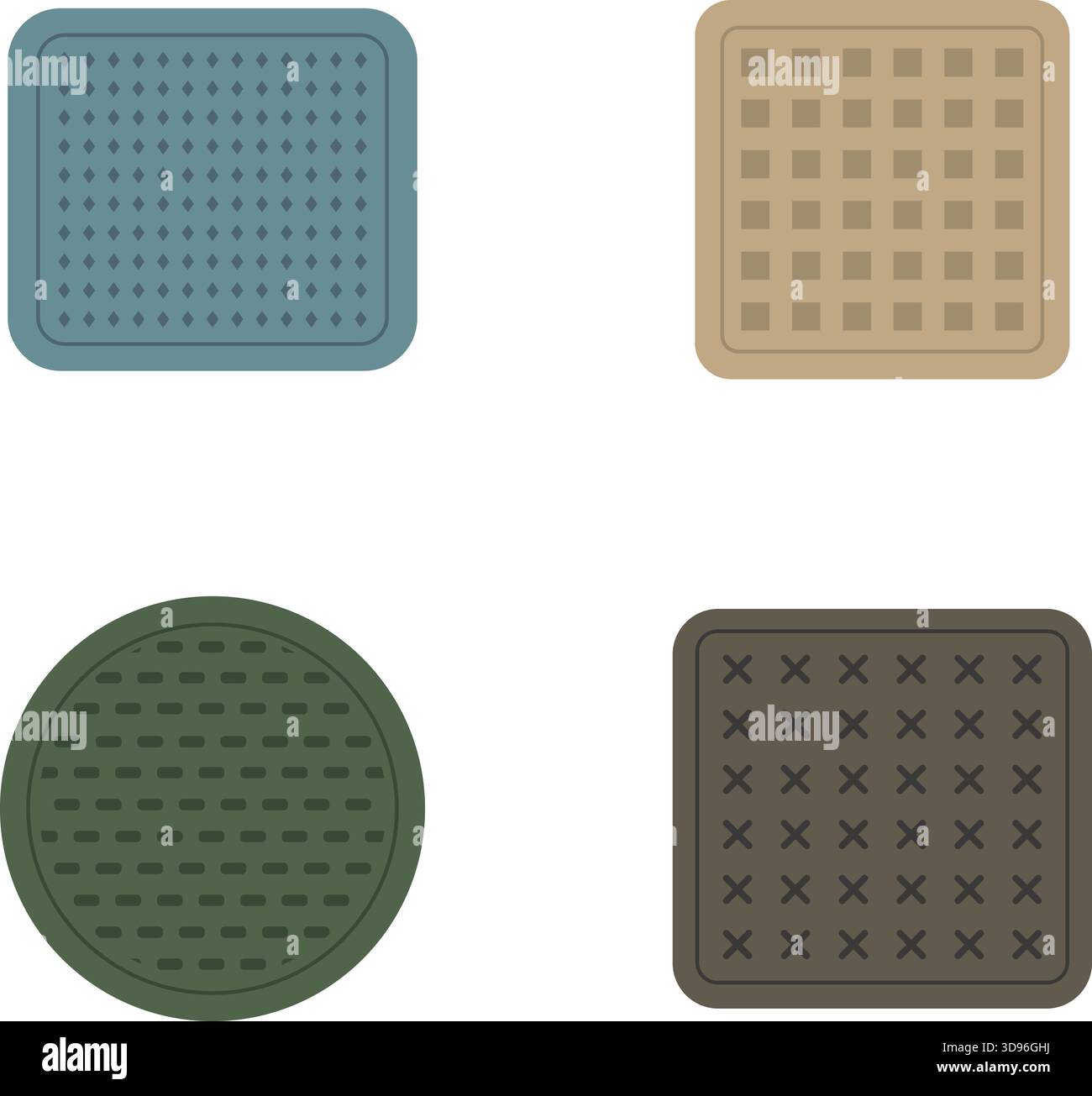 Quattro piccole coperture di drenaggio che includono quadrati perforati e rotondi testurizzati in vari stili. Illustrazione Vettoriale
